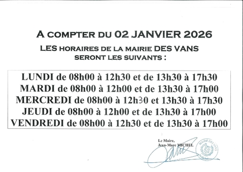 Au 02 Janvier 2026 : changement horaires d'ouverture Mairie