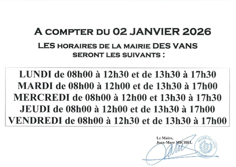 Au 02 Janvier 2026 : changement horaires d'ouverture Mairie