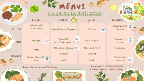 MENUS DU 14 AU 18 AVRIL 2025