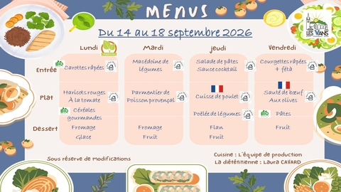 MENUS DU 14 AU 18 SEPTEMBRE 2026