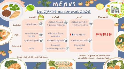 Menus du 27 avril au 1er mai 2026