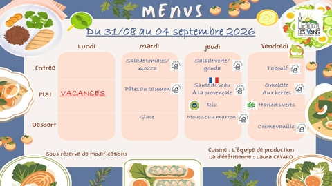 MENUS DU 31 AOÛT AU 4 SEPTEMBRE 2026